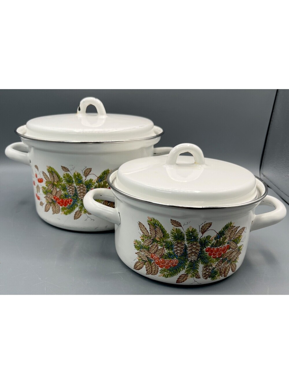 Vintage Soviet USSR Enamelware Pots w Lids Pinecone Rowan Berry Set of 2